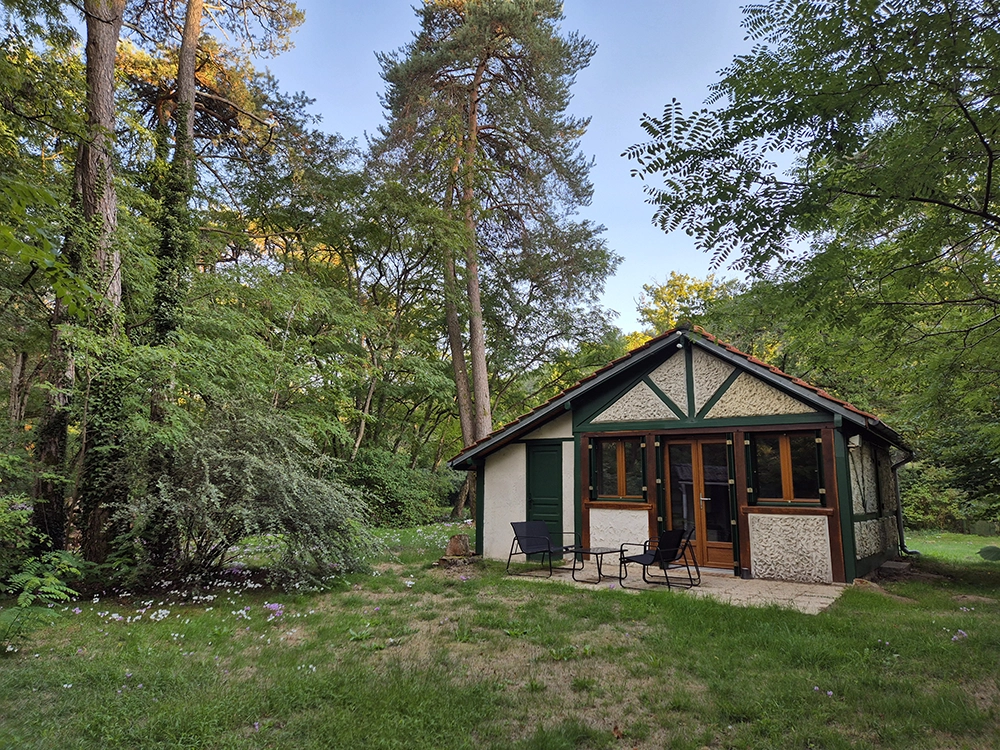 Outdoor view of the apartment and the terrace with one bench, 2 black garden chairs and a small table in between. The grass has white and pink cyclamen. There are trees in the background, nature is lush around the house and photo is taken with a sunny autumnal afternoon light.